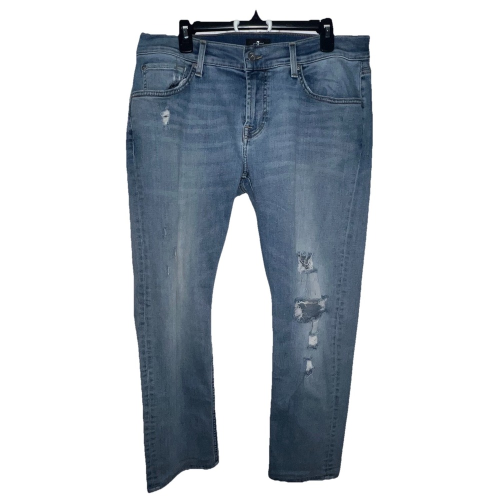 $258 7 For All Mankind Paxtyn Jeans Men's 34 Light Wash Distressed Straight Leg